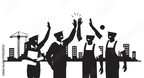 A team of construction workers celebrates a successful project completion, raising their hands in a gesture of unity and achievement.