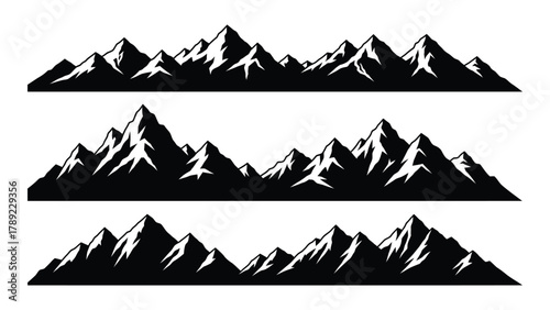 Mountain range silhouettes with snow peaks isolated on white background, Vector