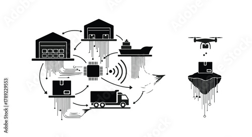 Modern logistics network connecting warehouses, transport, and delivery via drone technology.