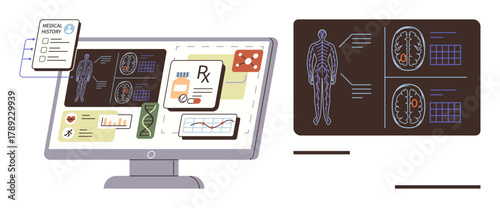 Computer screen displaying medical charts, brain scans, DNA, and prescriptions. Ideal for health technology, diagnostics, data visualization, telemedicine research education innovation. Simple