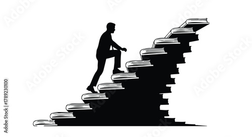 Silhouette of person climbing stairs made of books, symbolizing education and ambition