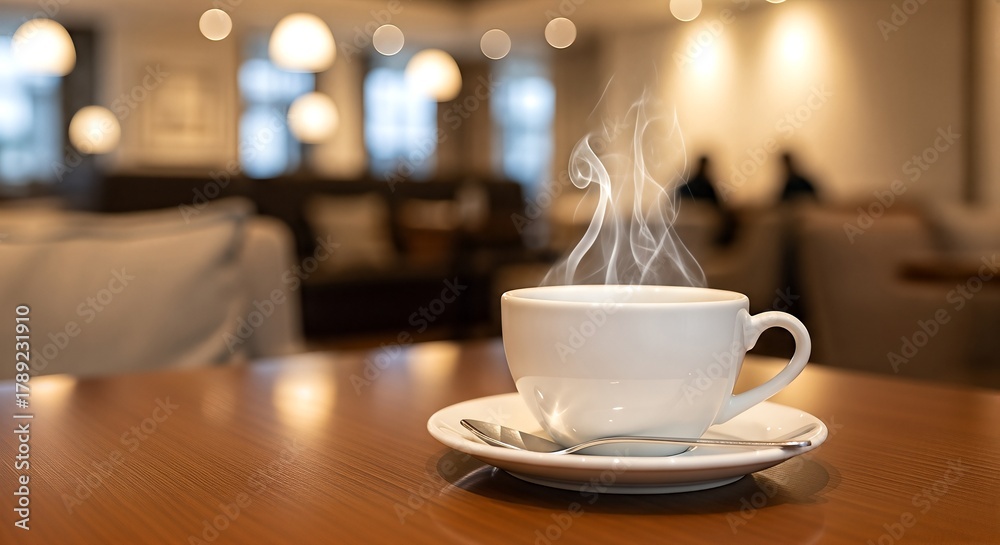 Fototapeta premium Steaming Hot Coffee Cup on Wooden Table in Cozy Cafe.
