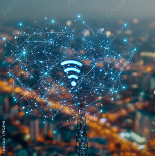 Background image shows a 5G global network technology communication antenna tower for wireless high speed internet. Future proof fastest internet technology is LTE aerial network connection  - ai