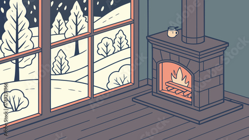 A cozy room with a fireplace and a window view of a snowy landscape with trees at nighttime