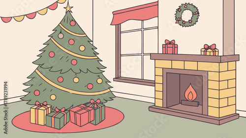 A christmas scene featuring a decorated tree with gifts and a fireplace with a wreath and presents