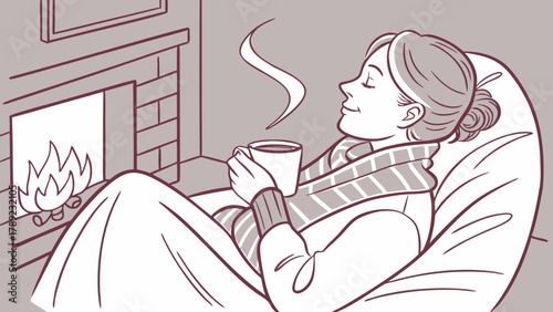 Woman relaxing in a beanbag chair with a blanket, drinking coffee near a fireplace indoors at home