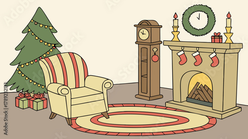 A christmas living room scene with a tree, fireplace, chair, and grandfather clock illustration