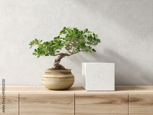 Square Canvas Mockup on Commode with Decorative Tree, Minimal Interior Scene for Artwork Presentation and Home Design