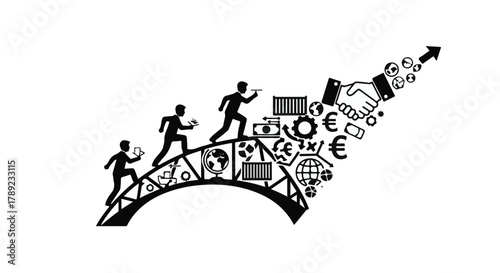 Silhouettes of people crossing a bridge towards financial growth and success