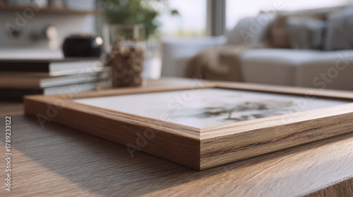 Wooden Frame Mockup on Coffee Table with Decor in Cozy Living Room, 3D Render Interior Scene for Artwork and Poster Presentation