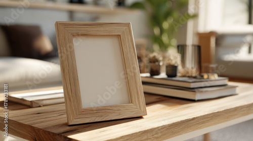 Wooden Frame Mockup on Coffee Table with Decor in Cozy Living Room, 3D Render Interior Scene for Artwork and Poster Presentation