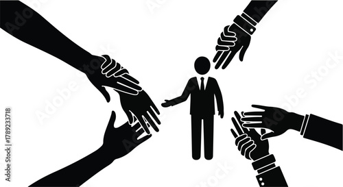 Businessman surrounded by helping hands reaching out in support