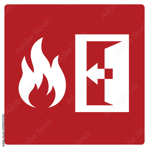 Emergency fire exit sign with directional arrow and flames safety regulations and fire safety precautions for buildings