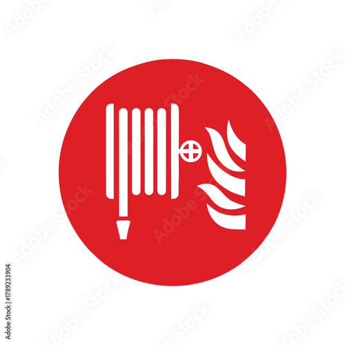 Fire Hose Reel and Fire Hazard Sign in Red Circle Safety and Prevention Icon Firefighter Equipment Prevention and Protection