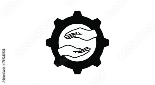 Hands exchanging coins within a gear symbol, representing financial exchange and industry.