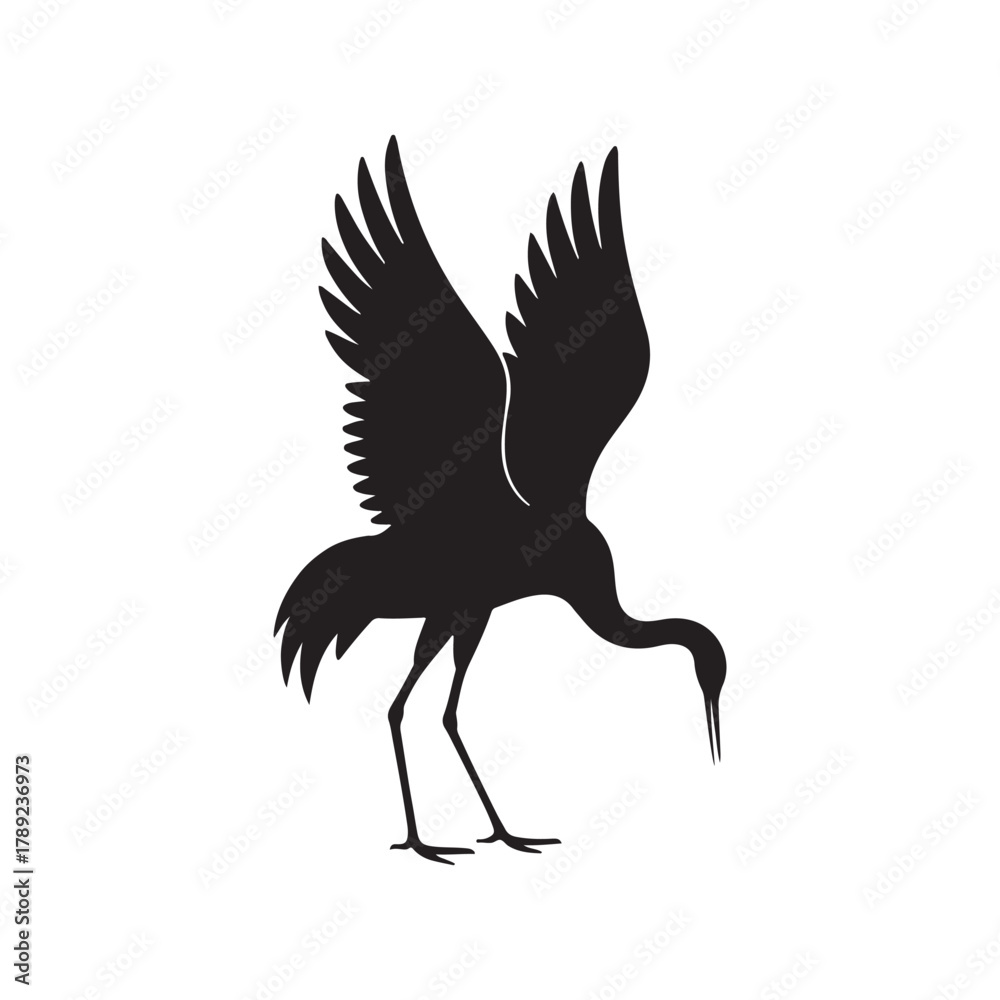 Obraz premium Black Silhouette of Sandhill Crane Gracefully Flying Against White Background