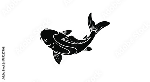Elegant black silhouette of a koi fish swimming gracefully on a white background