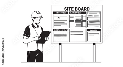 A construction worker examines a site board, ensuring safety protocols and information are correctly displayed for compliance and project management.