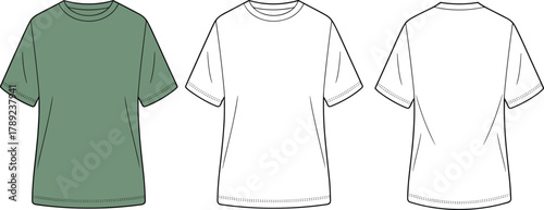 Short sleeve t-shirt front back view, fashion sketch, technical drawing, green apparel design, garment illustration, clothing template, casual wear