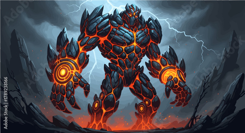 Lava Golem Monster with Glowing Magma Skin in Storm