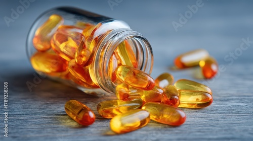 Beautiful photo of glass bottle containing fish oil gel capsules rich in omega 3, vitamin D supplements.