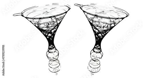 Two abstract, swirling funnel-like structures with spherical elements descending, evoking a sense of scientific or mystical process.