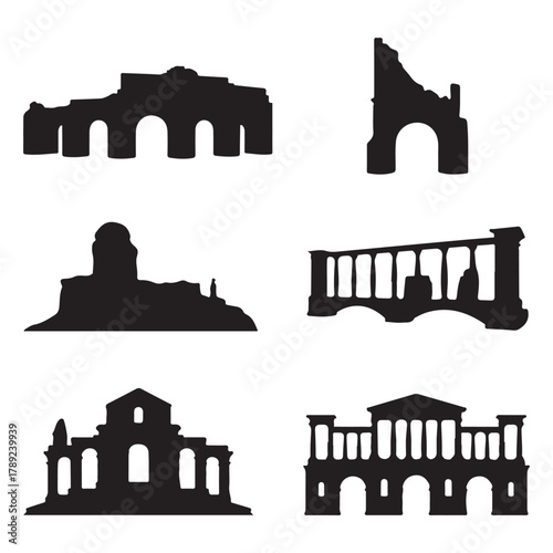  Collection of ancient roman architectural ruins in silhouette style