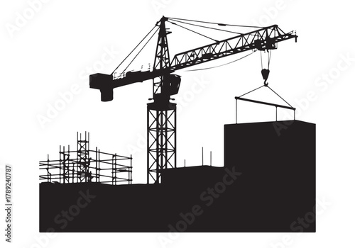  Construction crane lifting building materials at a large industrial site silhouette