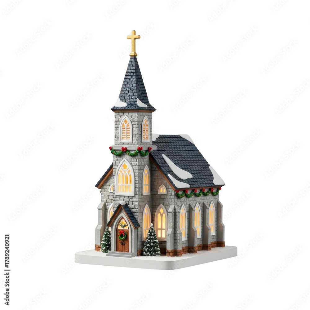 Fototapeta premium Miniature church building model with cross and bell tower