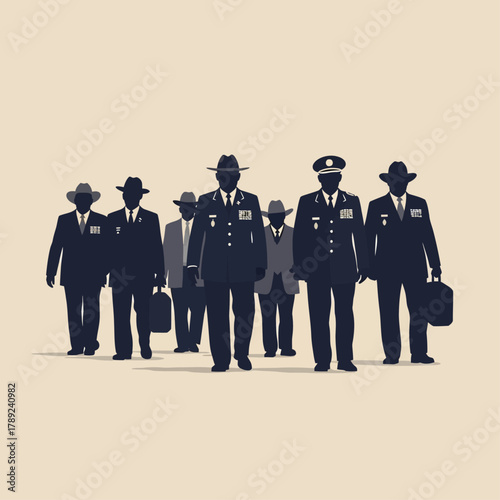 Silhouette of a Group of People Walking Forward with Briefcases and Hats