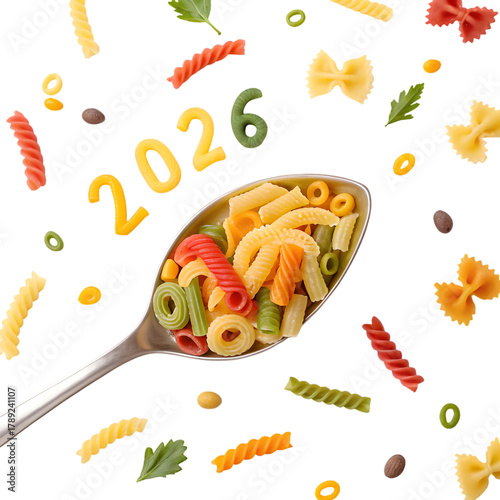 Happy 2026: Colorful Pasta, Culinary New Year Food & Festive Noodles on transparent background
