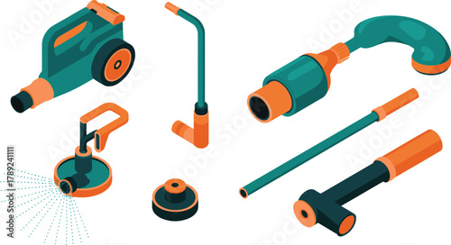 isometric garden hose nozzle set, watering tools illustration, irrigation sprayer equipment, gardening accessories collection, 3d water pipe connector design