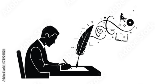 Man in silhouette writing with a quill pen, ideas flowing from his imagination.