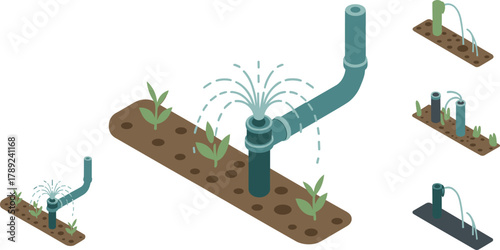 isometric garden irrigation system illustration, water sprinkler for plants, automated watering concept, smart agriculture technology, eco friendly farming design