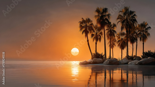 Dreamy tropical sunset with palm trees reflecting on the water, perfect for vacation vibes and peaceful getaways, stunning landscape scenery, golden hour