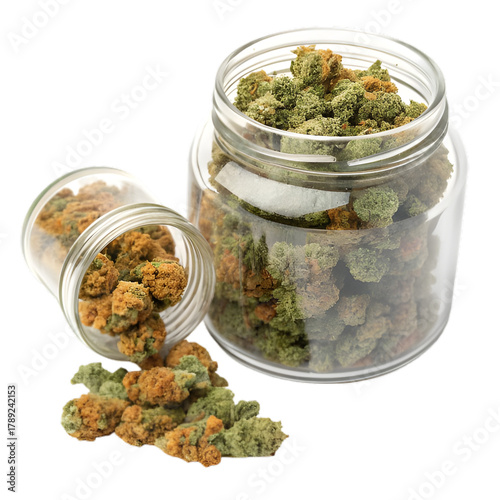 Cannabis Flower Buds in Glass Jars. Medical & Recreational Use. on transparent background