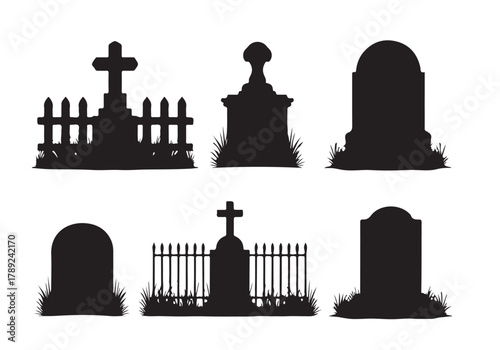  Collection of spooky graveyard tombstones and crosses silhouette on white background