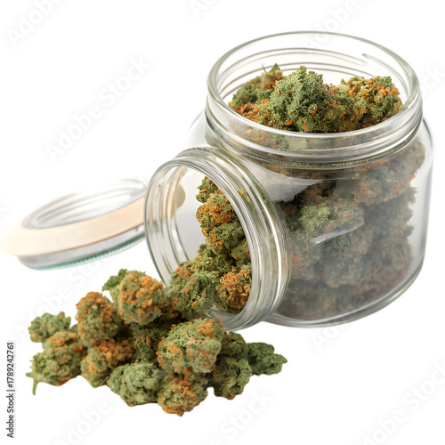 Cannabis Buds in Glass Jars: Medical Marijuana & Weed Flower for Dispensary Use on transparent background