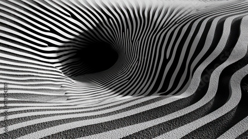 Fototapeta Naklejka Na Ścianę i Meble -  A textured, striped abstract tunnel design in black and white, creating a sense of depth and movement