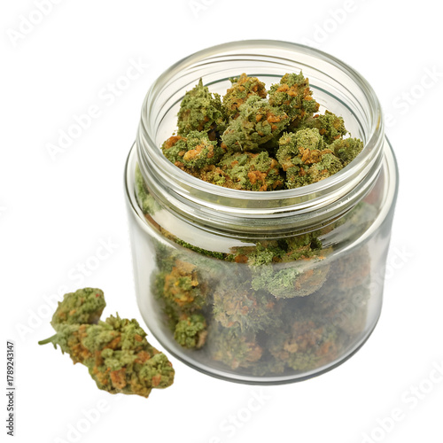 Cannabis Buds & Flower in Glass Jar. Herbal Product for Therapeutic Use. on transparent background