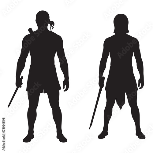  Two ancient warriors standing with weapons in a stark black silhouette against a white background