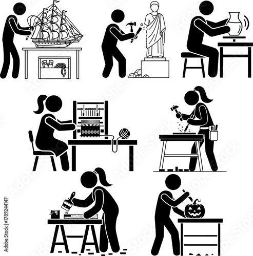 Handicraft, Art, and Hobbies Making Process Black Icons Set