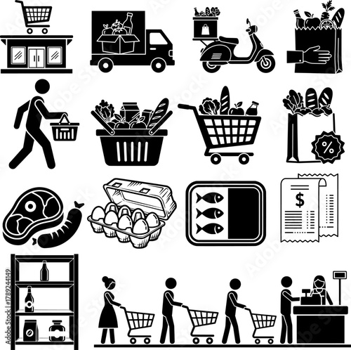 Grocery Shopping, Delivery, and Food Products Silhouette Icons Set