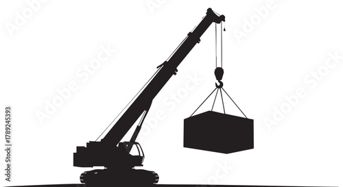 A silhouette of a crane lifting a container, symbolizing construction, industry, and logistics against a clean white backdrop, representing power and movement.