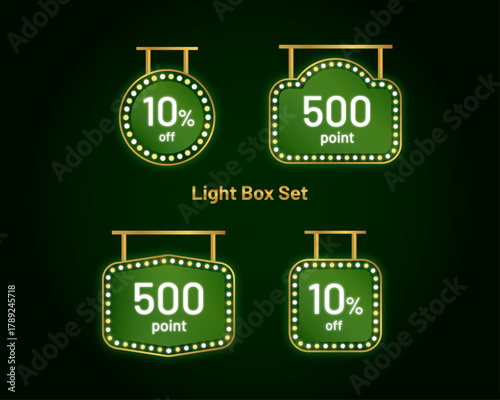 Green Christmas Sale Marquee Light Box Promotion Sign Set Festive Green Retro Bulb Signboard Discount Vector Icons