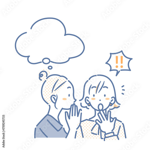 秘密の話を打ち明ける若い女性　シンプルでお洒落な線画イラスト