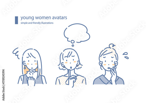 悩み事を抱える若い女性たち　シンプルでお洒落な線画イラスト