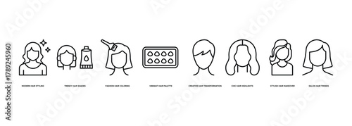 Banner Hair Color Trends.icon. Modern Hair Styling, Trendy Hair Shades, Fashion Hair Coloring, Vibrant Hair Palette, Creative Hair Transformation, Chic Hair  ghlights, Stylish Hair Makeover