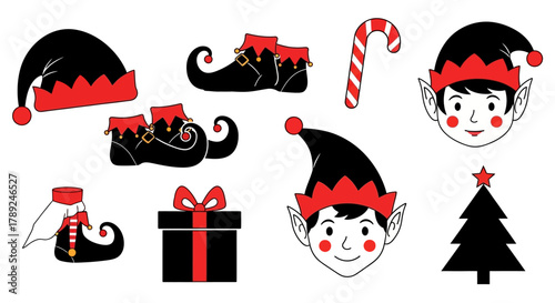 Festive Elf Collection: A charming compilation of elf-themed elements, showcasing a playful ensemble of hats, shoes, candy cane, and festive gift boxes, all poised to sprinkle holiday cheer.