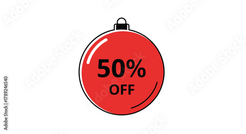 Festive Ornament Sale: A vibrant red ornament with a clear 50% OFF message. conveying holiday spirit and exceptional value